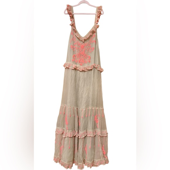 Free People Embroidered Maxi Dress Boho Ruffle Floral Size S - Picture 14 of 15